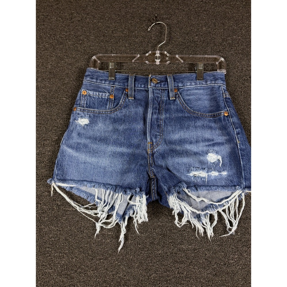 Levis 501 Original Distressed Denim Cut Off Shorts Medium Wash Blue Womens 26